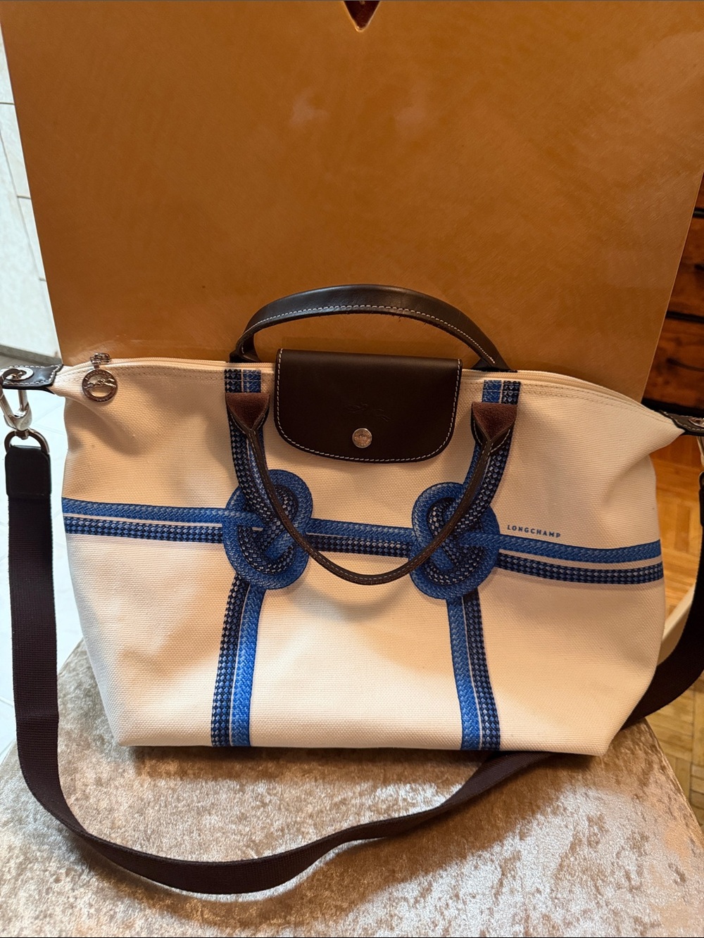 Longchamp White Canvas Tote with Blue Rope Trim and Black Leather Accents